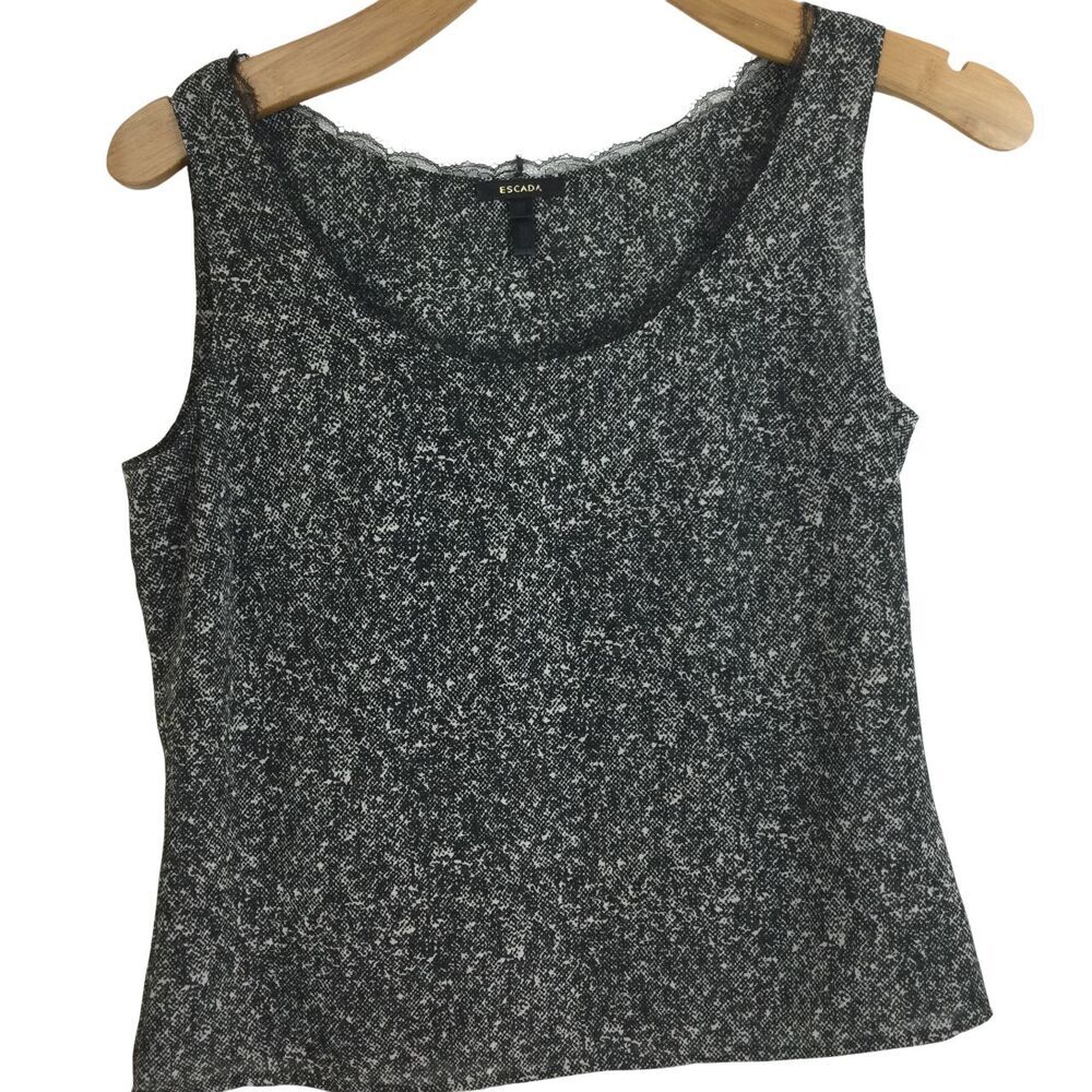 Escada Womens Scoop Neck Lace Trim Sleeveless Tank Top Black White Size 36
